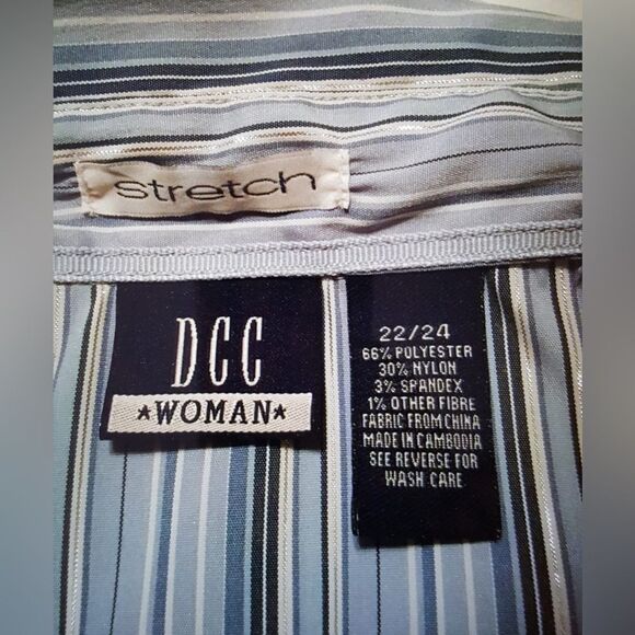 #195 DCC Woman Plus Blue Striped Zip Front 1/2 Sleeve Collared Blouse - Picture 3 of 7